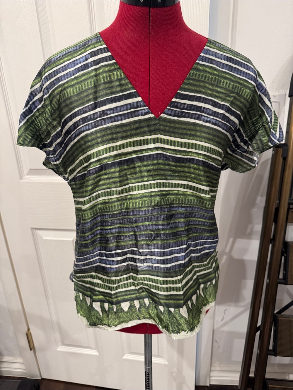 Boss Striped V-Neck Blouse in Green and Navy